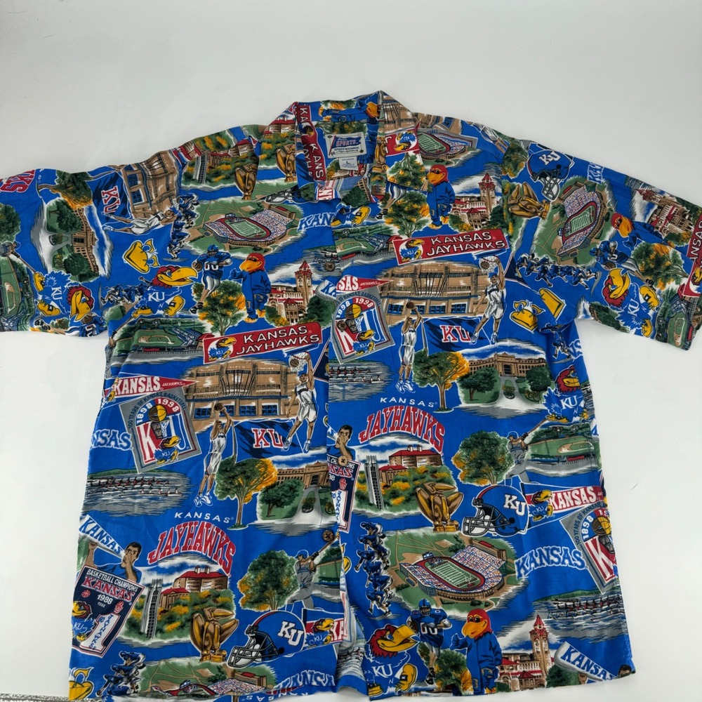 Vintage Reyn Spooner Kansas Jayhawks Shirt Mens Large Rayon All Over Print KU
